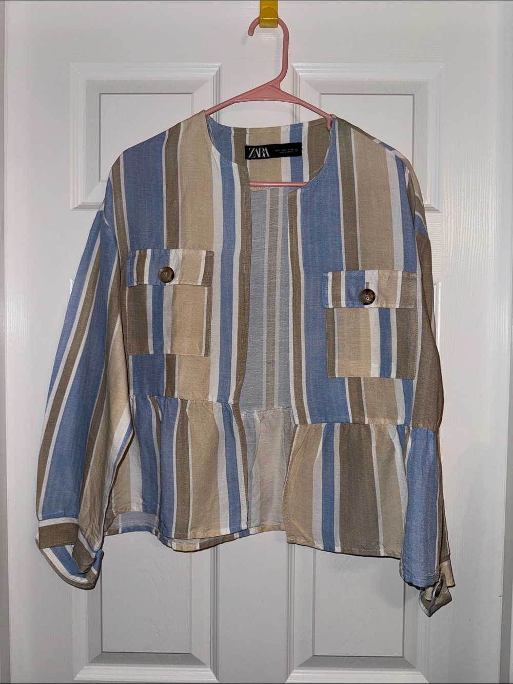 Zara Striped Peplum Blouse in Blue, Tan & White